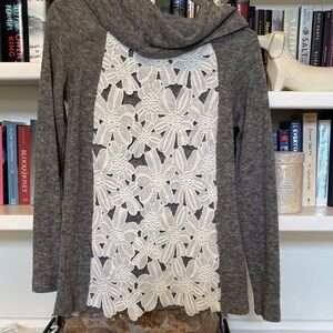 A’reve Gray sweater with White floral lace n front, size small.